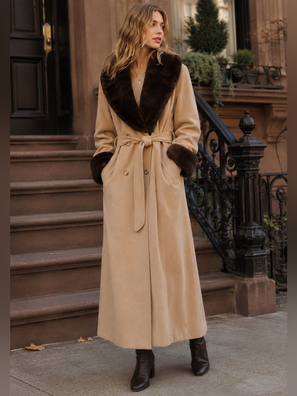 Vintage 100% Wool Faux Fur Collar Belted Maxi Coat Camel